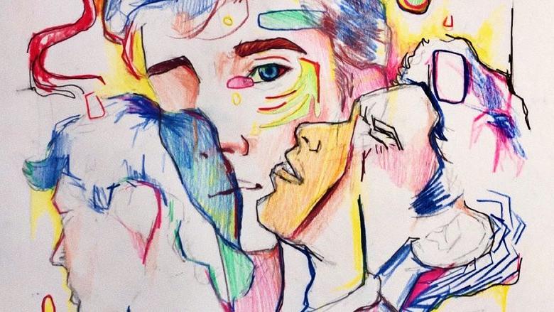 用彩色铅笔画的几个重叠的男人的脸